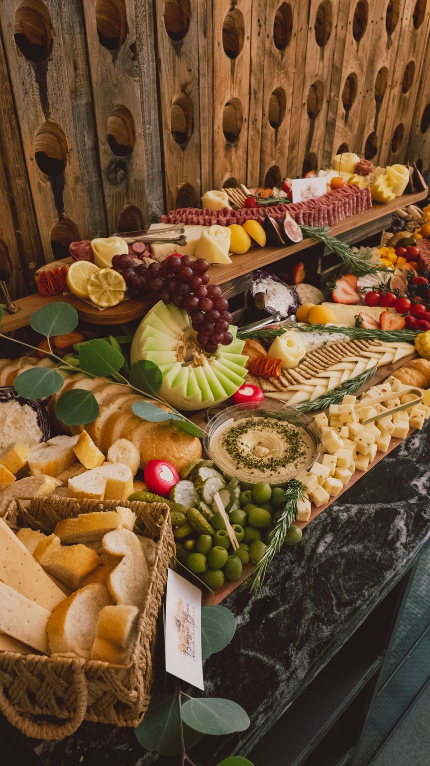 Tiered charcuterie and cheese spread with fresh fruit catered for a Better with Baron client event in Albuquerque, New Mexico.