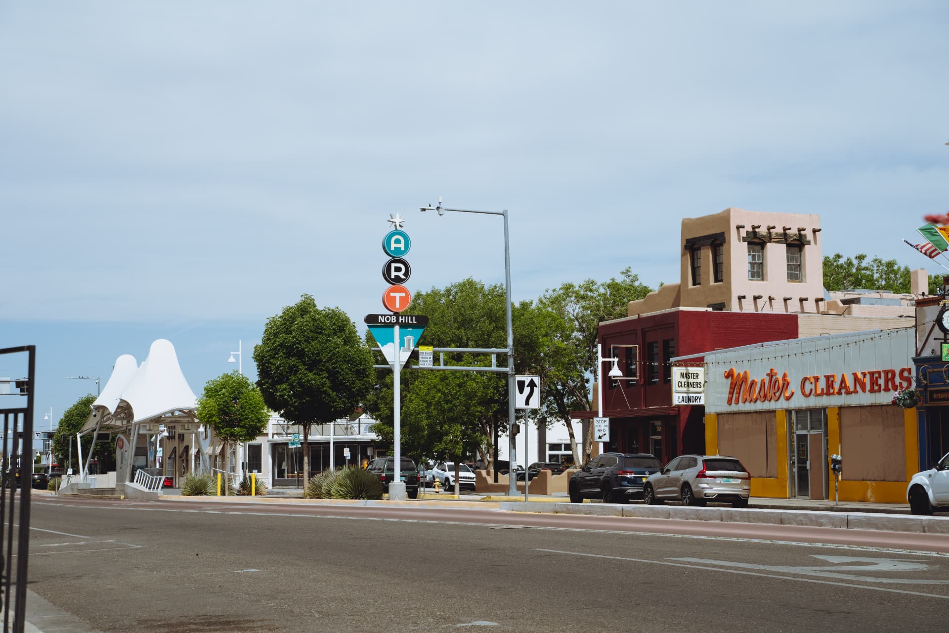 Looking down Central Avenue / Route 66 in Nob Hill, Albuquerque, NM on a bright afternoon.