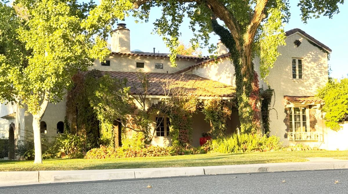 Two-story house covered in ivy and shrubbery with mature trees in front, behind a quiet tree-lined curb.
