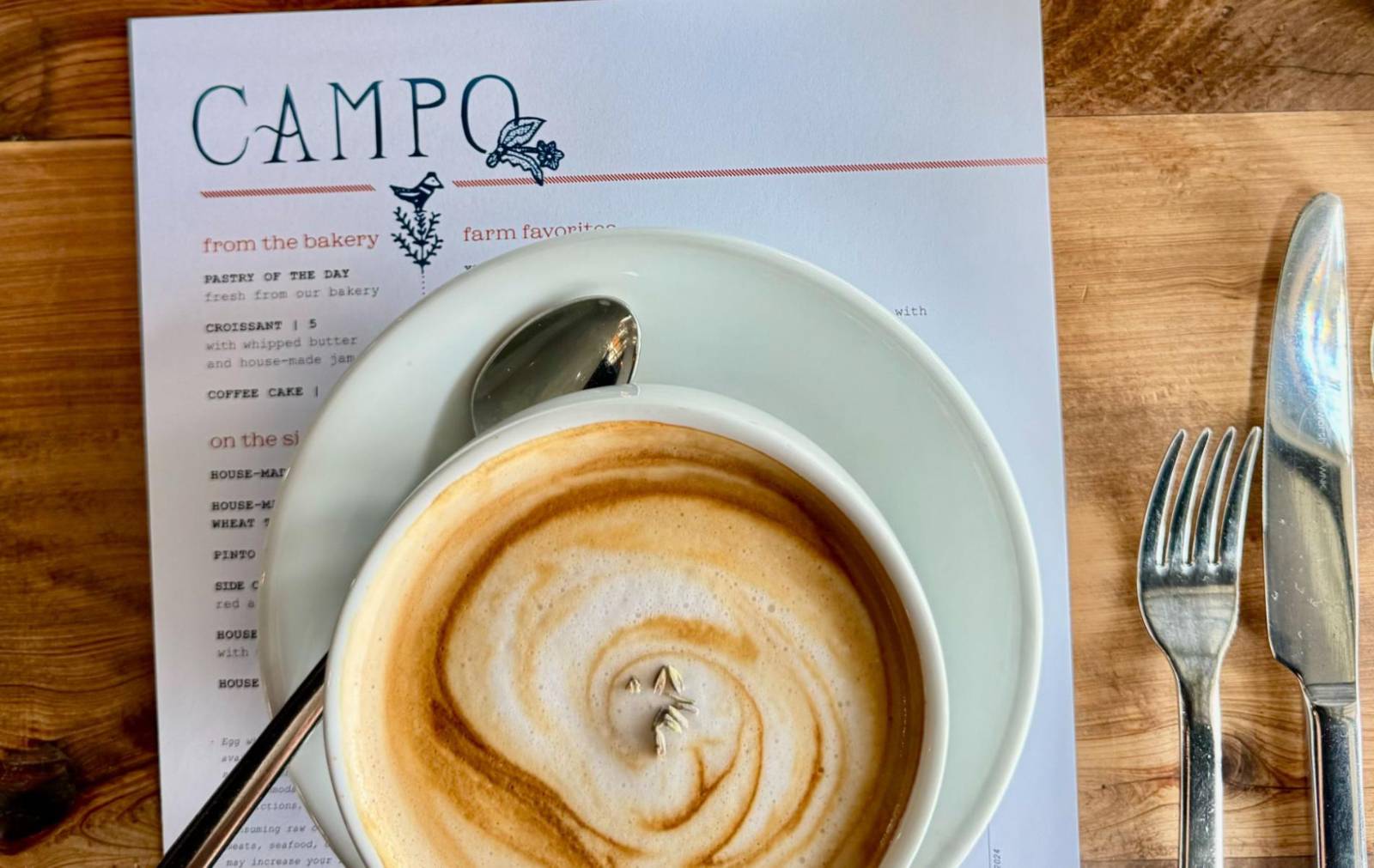 Warm winter drinks in Albuquerque. A beautiful latte at Campo at los Poblanos in Los Ranchos de Albuquerque, NM.